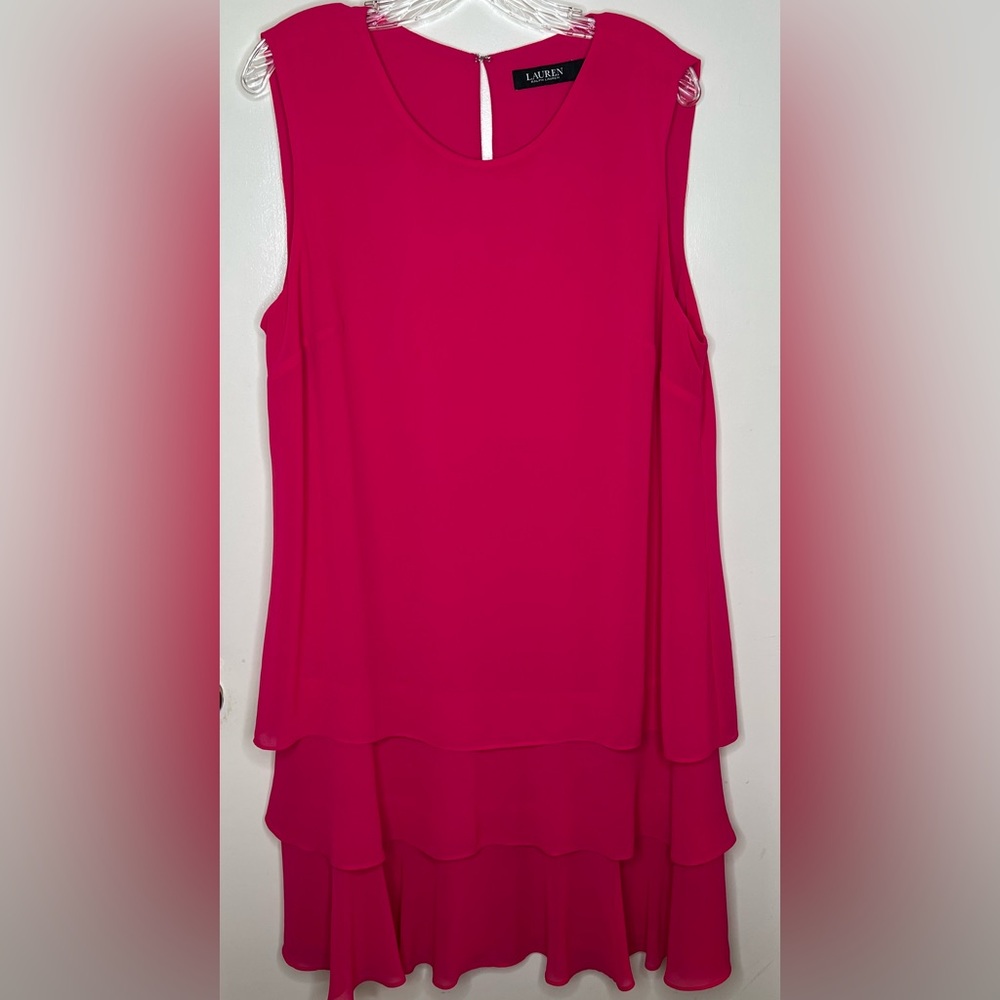 Lauren Ralph Lauren Chiffon Fuchia Knee Length Tiered Dress, Sz XL